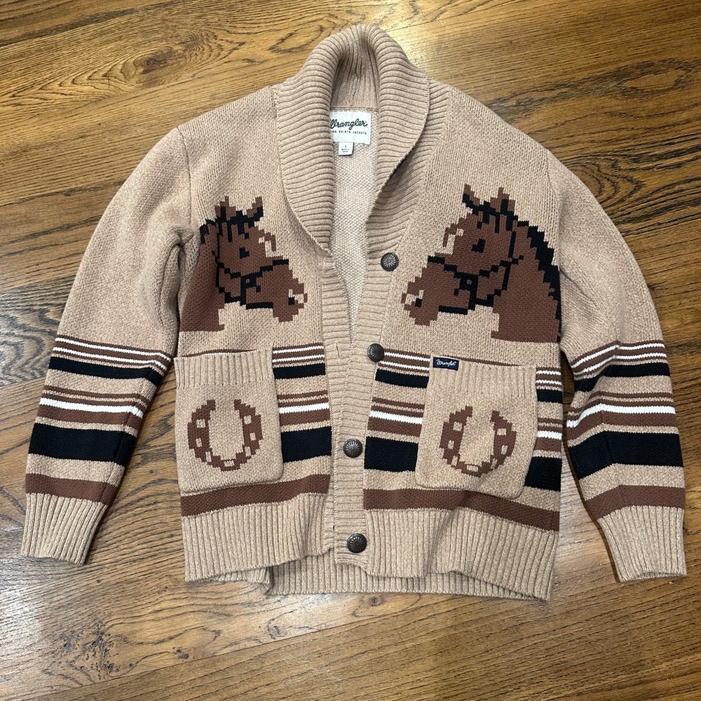 WRANGLER RETRO WOMEN'S BROWN HORSE MOTIF CARDIGAN - size Small - like new